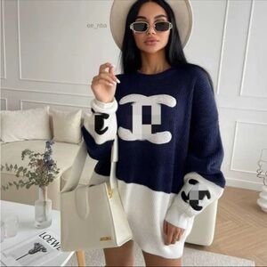 CHANEL Navy and White Crew Neck Sweater